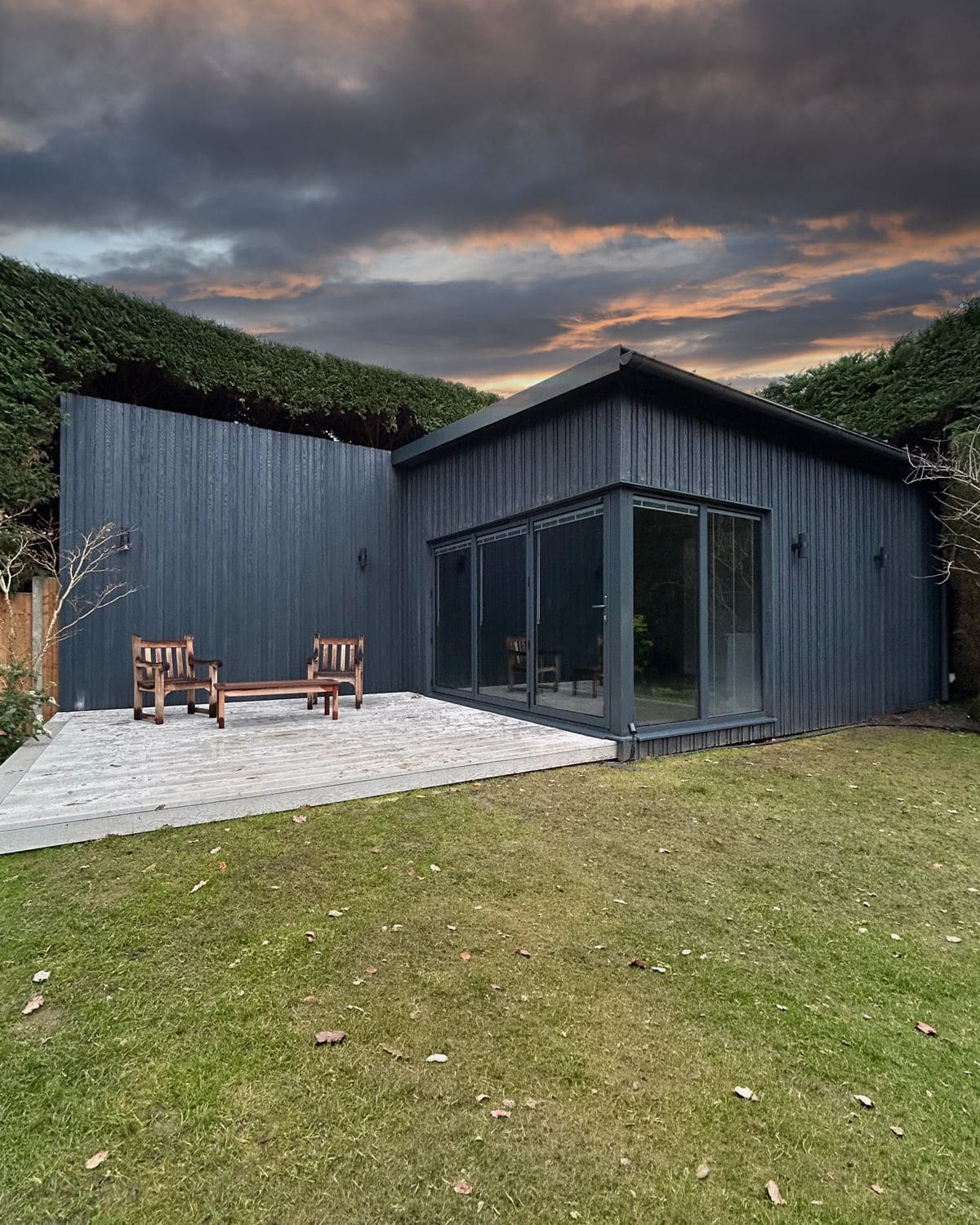 Close up of extended height golf simulator garden room