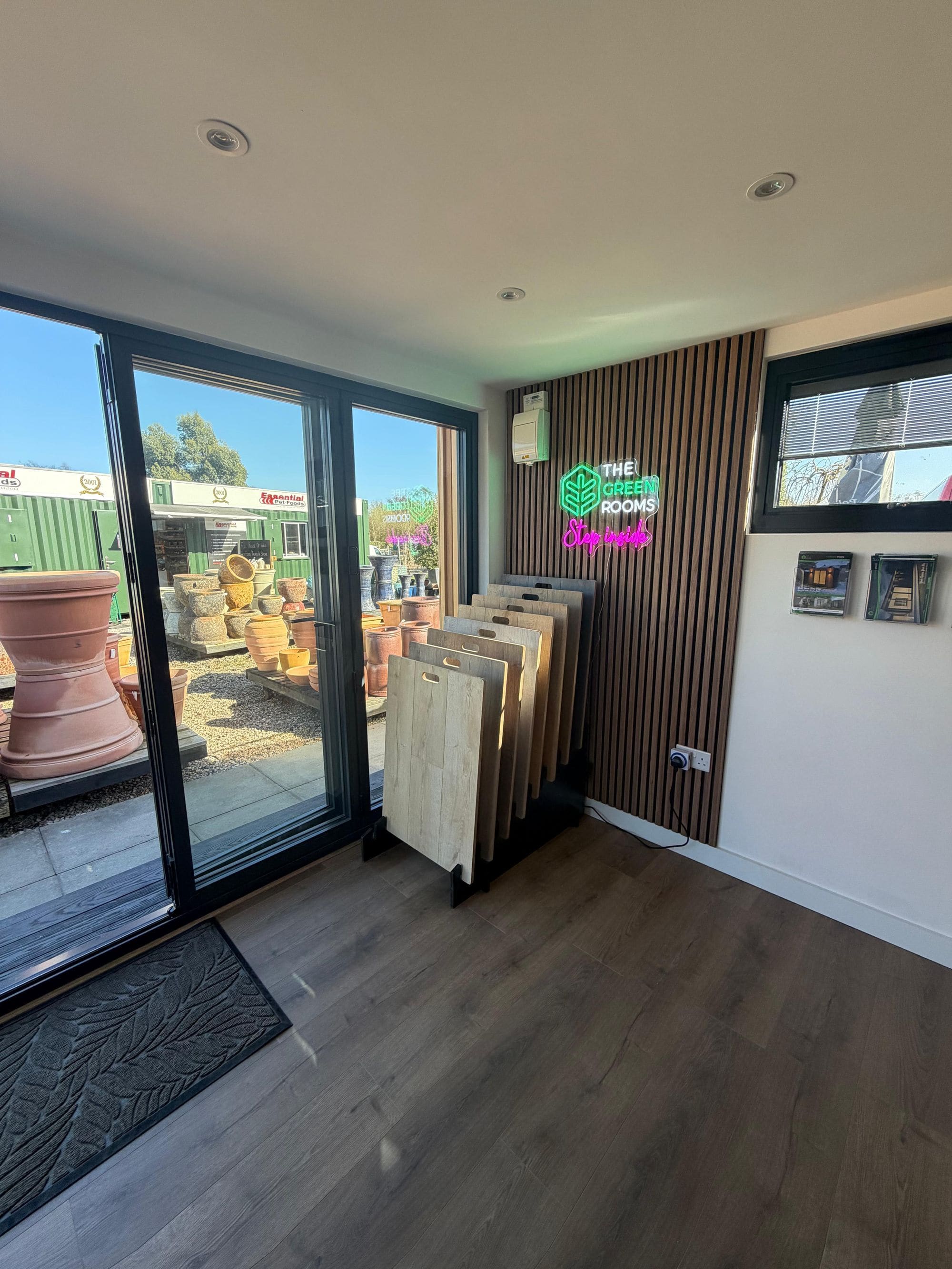 Inside the showroom — panelling, floor and cladding samples